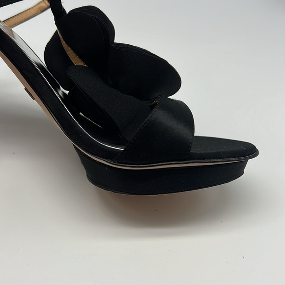 Badgley Mischka - Black Fabric Petal Adjustable Ankle High Heels Platforms 9.5 - Picture 13 of 14